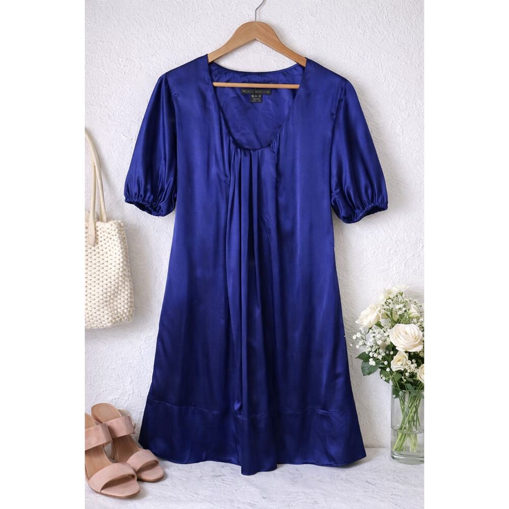 French Connection Silk Dress Blue Puff Sleeve Pleated Size 2